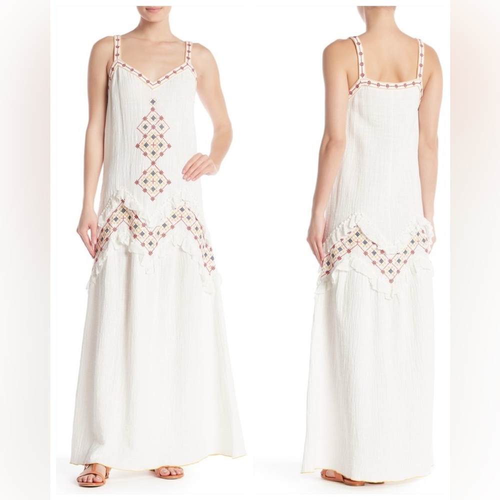 Max Studio London White Maxi Dress with Embroidered Details